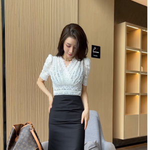 Floral Lace Panel Elastic T Shirt Women Lace Sleeve Vest Cheaper Blouse Fashion Ladies Blouses Tops Black White Pink Female Tee