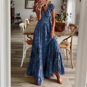 G7 Bohemian Style for Cross-Border Trade 2024 New Long Dress Waist-Cinching Floral Print Flared Dress 7/7
