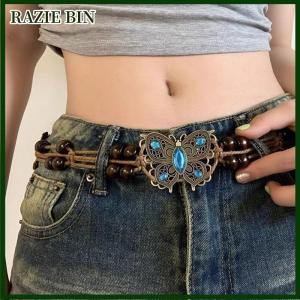 RAZIE BIN Bohemian Style Butterfly Water Woven Ethnic Style Wooden Bead Womens Belt Casual Vacation Style Waist Rope