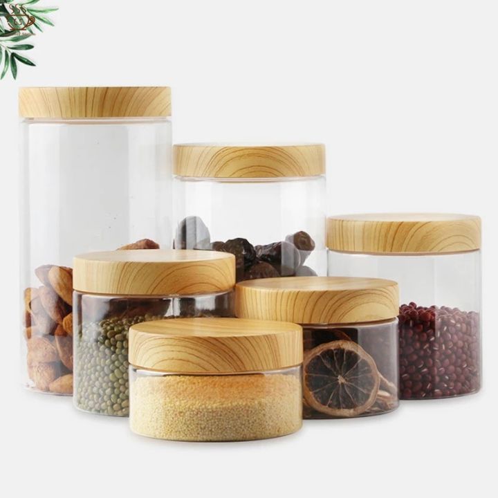 Wooden Lid Plastic Airtight Jar, Kitchen Storage Bottle Airtight Food