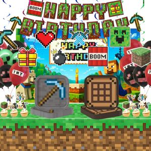 Cross-border New Minecraft Pixel Party Birthday Decorations Cartoon Arrangement Banner Spiral Party Supplies