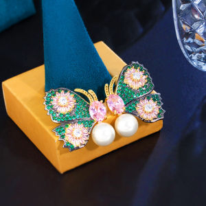 SEQUITO Stunning Women Prom Jewelry Silvery Golden Micro Pave Colorful AAA Cubic Zircon Setting Pink Stone Vivid Symmetric Butterfly Shape Pearl Big Stud Earrings SE873