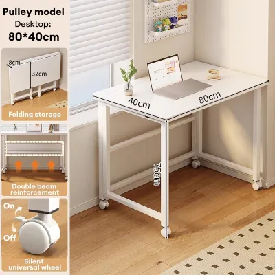 Removable Study Table Folding Computer Table 2-layer With Wheels Portable Office Table Large Storage