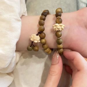 YOCKY Handwoven Flower Sandalwood Bangle Rosary Elastic Wood Beaded Strand Bracelets Lucky Jewelry Green Natural Sandalwood Bracelet Summer