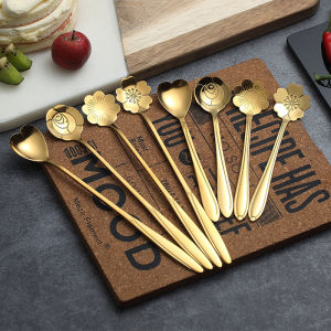 5PCS/Set Stainless Steel Short Rose Sakura Spoon Gold Short Handle Coffee Mixing Spoon