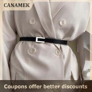 【 CANAMEK 】 Women Thin Belt Black Metal Buckle Belt PU Casual Leather Waist Belt Trouser Dress Decoration Waistband