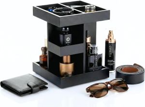 Cologne Organizer for Men 3 Tier Black Wood Perfume Display Stand with 360 °   Rotate Base Mens Cologne and Jewelry Organizer Shelf for Bathroom Counter Storage & Nightstand Gift for Men