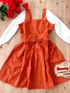 Đầm xòe cổ vuông tay dài phối voan tơ bụng đan dây