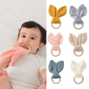 PANWE Soft Baby Wooden Hand Grasp Toy Rabbit Ears Natural Wooden Chewing Appease Toy Cute Bracelet Rattle Newborn Teething Ring Infant