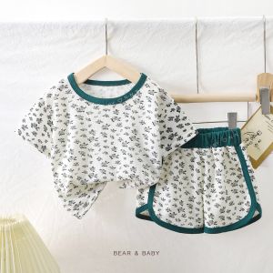 YY217 ชุดเด็ก เสื้อยืดแขนสั้น ลายการ์ตูนหมี พร้อมกางเกงขาสั้น สําหรับเด็ก ของไทยพร้อมส่ง