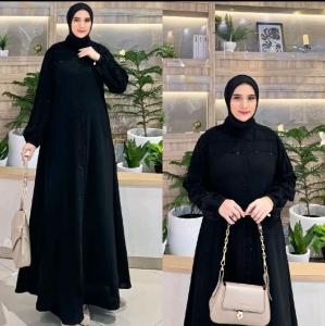 Gamis Abaya Turkey FAHIRA Jetblack Wolfis Terbaru Mote Swarosky Hitam Full Elegan dan Mewah