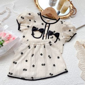 Setelan Baju Anak Perempuan Korean Style Elegan - Atasan & Rok Motif Bunga + Pita | Usia 4-7 Tahun