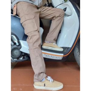 Celana cargo panjang pria Reguler fit bahan Chino combed Melar Tebal 4 warna hitam