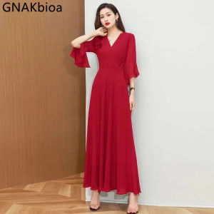 ชุดเดรสชีฟองพริ้วของผู้หญิงใหม่ชุดเดรสยาวชายหาดวันหยุดเสื้อแขนทรัมเป็ตดีไซน์บางขนาดพิเศษใหม่