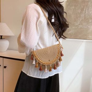GUTUN ปุ่มแม่เหล็ก กระเป๋าสะพายข้างแบบมีพู่จากฟาง งานปัก ย้อนยุค กระเป๋าทอสไตล์ชาติพันธุ์ กระเป๋าถือ ระบายอากาศได้ กระเป๋าสะพายชายหาดฤดูร้อน ผู้หญิง