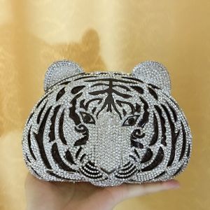 Tiger Head Water Diamond Bag Hollow Metal Crystal Dinner Bag Handmade Diamond Set Bag Womens Handheld Bag