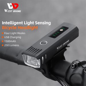 WEST BIKING Bicycle Light 250 Lumen Waterproof Flashlight Intelligent Sensing Bike Lights Cycling Front Headlight Lamp Rechargeable USB Charging Bike Lamp MTB Bike Accessories