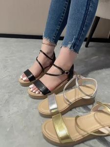 [Free Shipping] Plus Size Womens Sandals 2025 Summer New Simple One-Strap Velcro Thick-Soled Wedge High-Heel Sandals