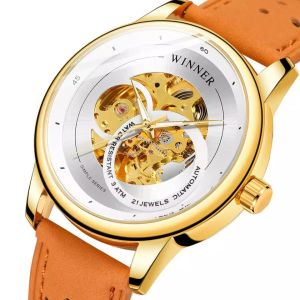 Original WINNER Mechanical Automatic Watch Mens Gold Hollow Stainless Steel Mechanical Business Fashion Clock. boy gift