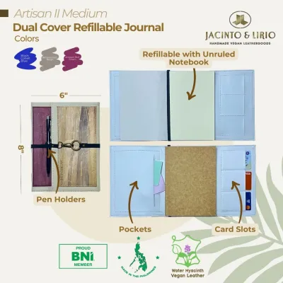 Jacinto & Lirio ARTISAN II MEDIUM A5 Leather Binder Refillable Notebook Journal with Dual Cover Design and Pocket