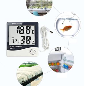 Nhiệt Ẩm Kế Điện Tử HTC-2 Đầu Dò Dài – Đo Nhiệt Độ Trong Ngoài Độ Ẩm LCD Lớn Có Lịch Báo Thức