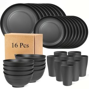 16pcs Unbreakable Plate Set Microwave and Dishwasher Safe Reusable Dinnerware Black Collection - 8 Plates 4 Bowls 4 Cups - Perfect for Camping and Everyday Use