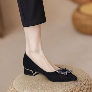 Korean 2 inches Block Heels Pointed Toe Black Fashion Office School Close Formal Shoes For Women