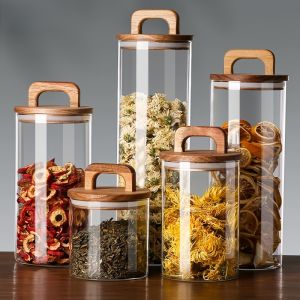 1 Pcs Glass Food Storage Jars with Wooden Lid Coffee Beans Candy Tea Grains Canister Home Snacks Kitchen Food Storage Containers