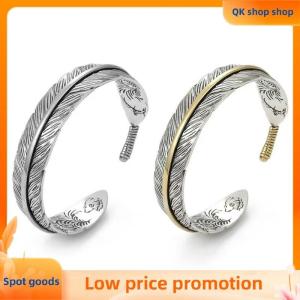 ✨QK shop✨ Vintage Carved Pattern Feather Bangle Bracelet Creative Design Opening Adjustable Men And Womens Models