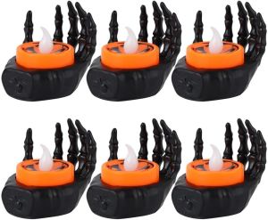 6 Pcs Halloween Flameless LED Candle Skeleton Hand Base Battery Powered Tealight Spooky Decoration Night Lamp For Indoor Home Tabletop Ghost Party Bar Festival
