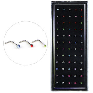 [fenggongshuode] 60PCS Set Stainless Steel CZ L Shape Nose Ring Body Stud