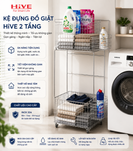 Kệ (Giỏ) Đựng Đồ Chia Quần Áo Phòng Giặt HiVE 2 tầng inox 304 cao cấp có bánh xe để gần máy giặt