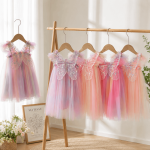 FLYING Butterfly Design Butterfly Mesh Dress Fly Sleeve Mesh Beach Dress Cute Rainbow Color Fly Sleeve Dress For Toddler Girl