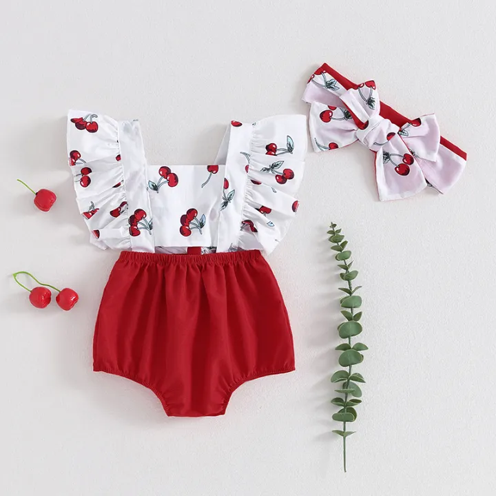 Newborn Girl Outfit, Fly Sleeve Cherry Print Hollowed Patchwork Romper with  Hairband Summer Clothes Lazada PH
