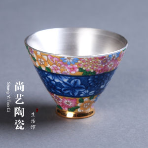 景德镇999纯银茶杯青花瓷功夫茶具鎏银品茗杯单杯主人杯