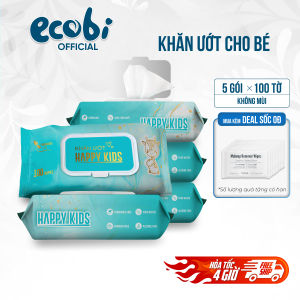 Combo 05 gói khăn ướt Happy Kids gói 100 tờ không mùi không parabens chuyên dùng cho em bé