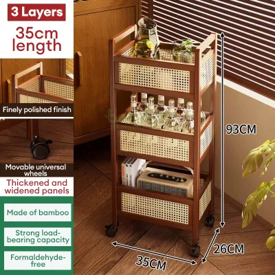 Bamboo Trolley Coffee Table Side Table Bedside Table Plastic Rattan Storage Rack With Wheels Movable