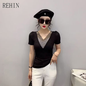 REHIN เสื้อยืดแขนสั้นคอวีสำหรับผู้หญิงเสื้อสตรีแขนพองเข้ารูปพอดีปั๊มร้อนแรง