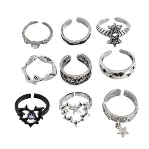 Pack of 9 Thorn Rings for Men and Women Gothic Styles Silver Set Featuring Butterfly and Flower Pattern Ornament