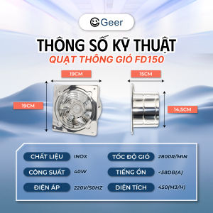 Quạt thông gió inox GEER FD150–FD300 – motor lõi đồng siêu bền quạt hút mùi thông khí nhà bếp thông gió nhà xưởng hoạt động êm và bền