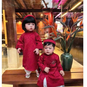 Áo dài tết bé gái áo dài cách tân cho bé trai lụa gấm hoa dây kèm mấn đội đầu dễ thương cho bé-Happy Home 4U