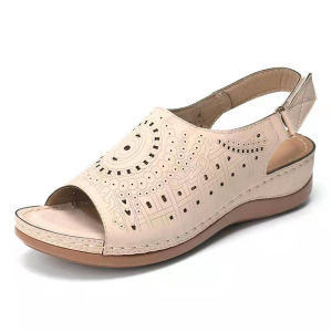 Free Shipping New Summer Collection: Plus-Size Wedge Sandals For Women Featuring A Hollowed-Out Design Flat Heels Open-Toe Style Buckle Straps And A Retro Perforated Look