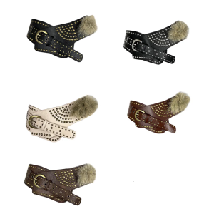 Plush Patchworked PU Belt Aesthetic Corset Waistband with Rivet Studded Daily Wide Belt Waist Cincher for Dress Sweater