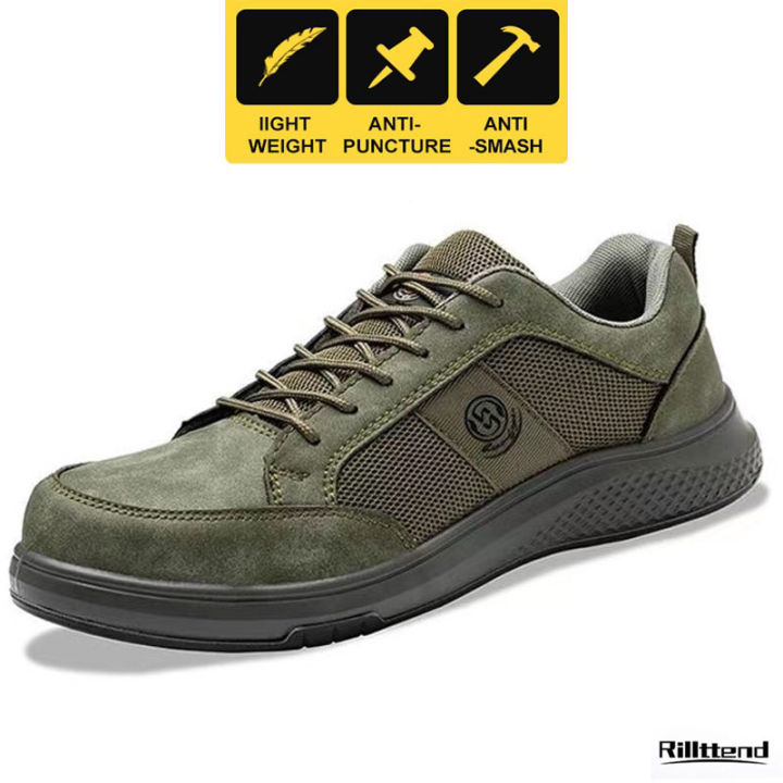 【Ready Stock】Safety Shoes Steel toe cap Work Shoes Lightweight Anti-slip  Anti-Puncture Anti-smash Amy Green Work Boots for Men Women