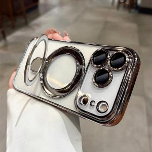 for Magsafe Plating Bracket Stand Case for iPhone 17 16 15 14 Pro Max Plus 12 13 17 Air Camera Film Protector Transparent Cover