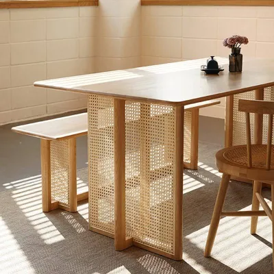 Nordic dining table household log dining table and chair combination rattan round table modern minimalist homestay Japanese solid wood table