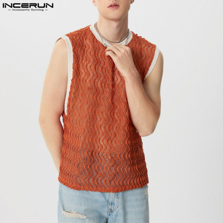 INCERUN Mens Loose Fit Vests Shirt Lace Crochet Sleeveless T Shirt