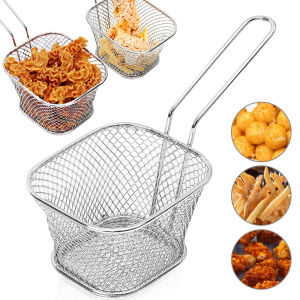 ตะกร้าทอดตาข่ายตาข่ายทอดสี่เหลี่ยมเตารีดขนาดเล็กที่ถือของทอดฝรั่งเศสพร้อมที่จับที่คั่งค้างบาร์บีคิวขนมขบเคี้ยว