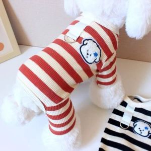 Pet Pajamas 4 Legged Jumpsuit Striped Breathable Soft Warm Indoor Outfit For Cat Small Dog