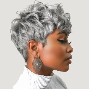 Gray Wig for Black Women Pixie Cut Wig with Bangs Grey Short Pixie Wig Grey Pixie Cut Wig Curly Wig for Black Women Fluffy Pixie Curly Wigs for Women Natural Wavy Short Gray Pixie Wig